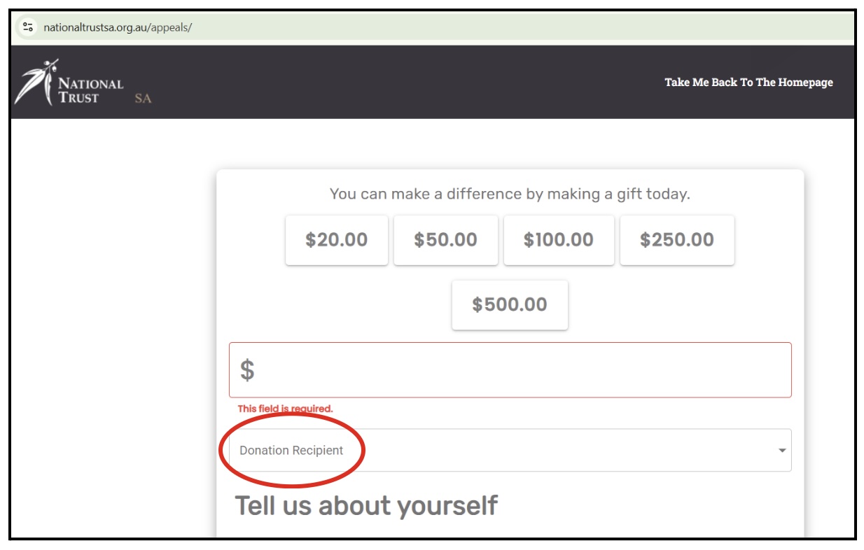 Donation form on National Trust Website
